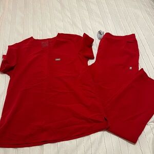 FIGS Catarina One-Pocket Scrub Top & Yola Skinny Scrub Pants in "Winning Red"